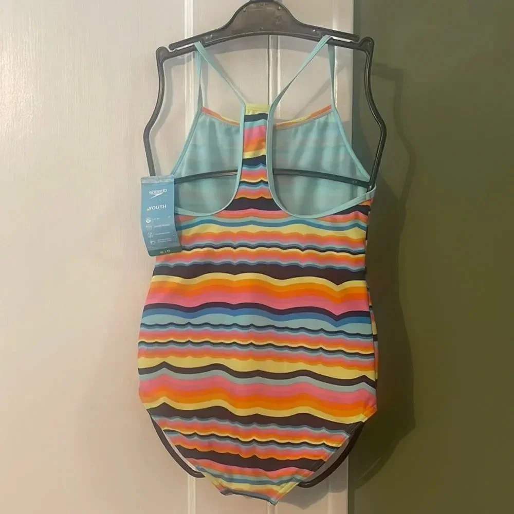 #17 Speedo youth bathing suit blue, orange, pink X- Small Size 5/6 1 piece NWT